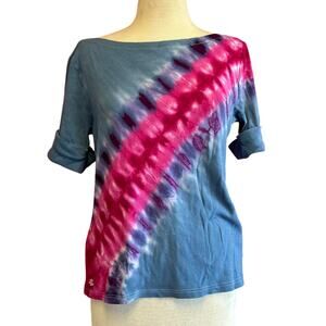 Womens Top Size Large Blue Pink Tie Dye Hippie Reworked Festival Casual Everyday
